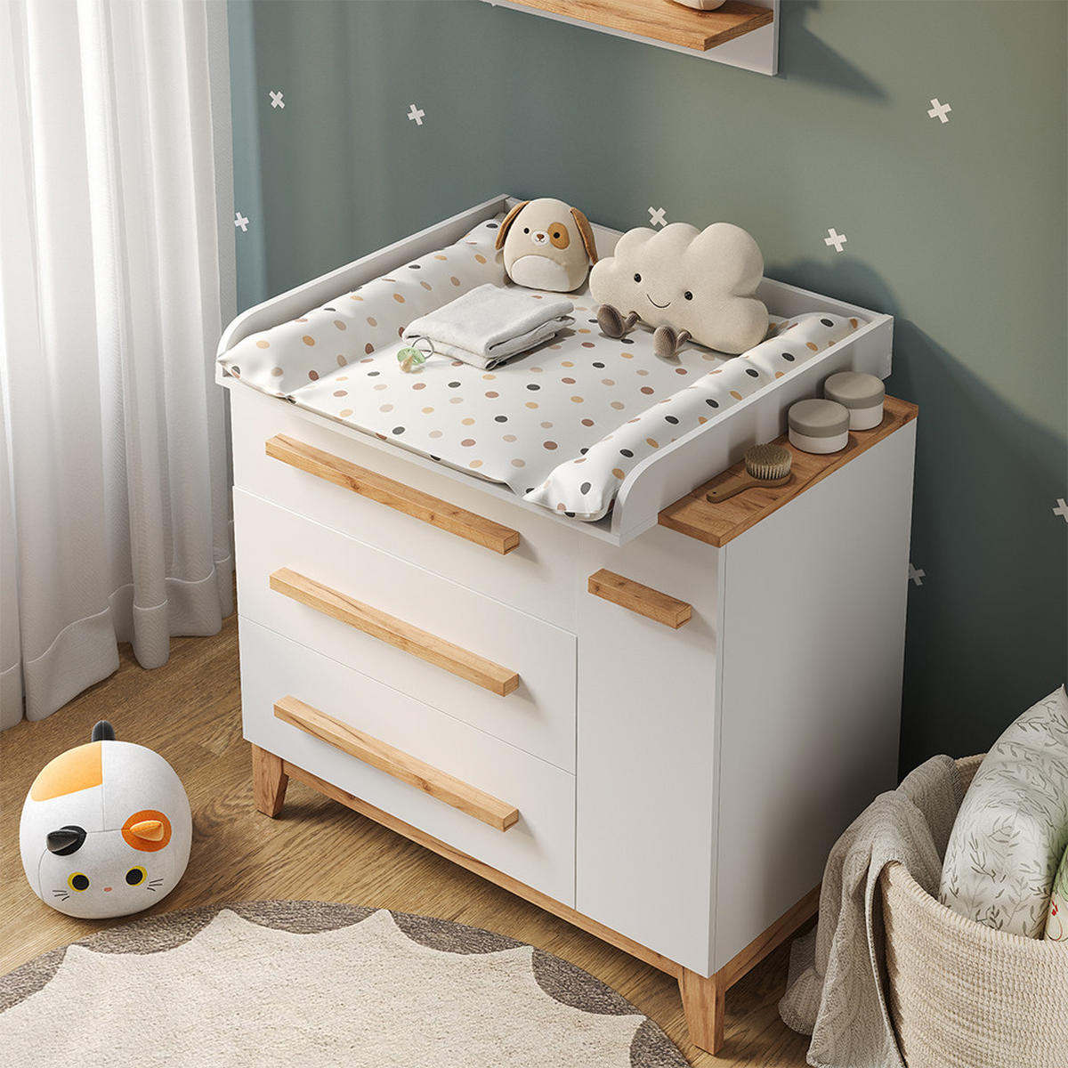 KOMODOVÝ PŘEBALOVACÍ STŮL Malia Bílá 98 x 98 cm s 1 dveřmi a 3 zásuvkami - bílá/světle šedá, kompozitní dřevo (98/98/52cm) - VitaliSpa