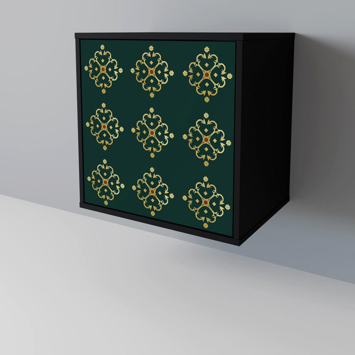 SIDEBOARD ROYAL MEDALLION, Schwarz, 57,5x42x67,5 cm, Schwarze Metall-Rahmenfüße - Multicolor/Schwarz, Holzwerkstoff/Metall (57.5/67.5/42cm) - SpaceRebels