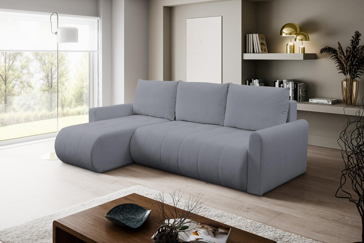 ECKSOFA Primo mit Schlaffunktion und Bettkasten in Cordstoff - Schwarz/Grau, Holz/Holzwerkstoff (245/143cm) - Ravio