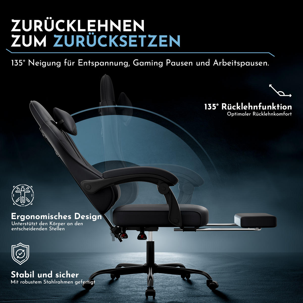 GAMINGSTUHL DE-40998 mit Lordosenstütze und Fußstütze Schwarz - Schwarz, Metall (58.5/120.5/63cm) - ComfortXL