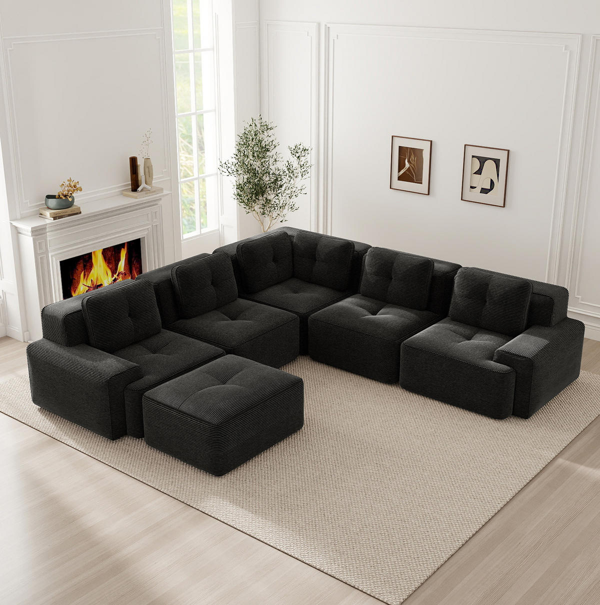 ECKSOFA 295/295/69 cm schwarz aus Cord mit 32D-Schaum und modularem Design - Schwarz, Textil (295/295cm) - OKWISH