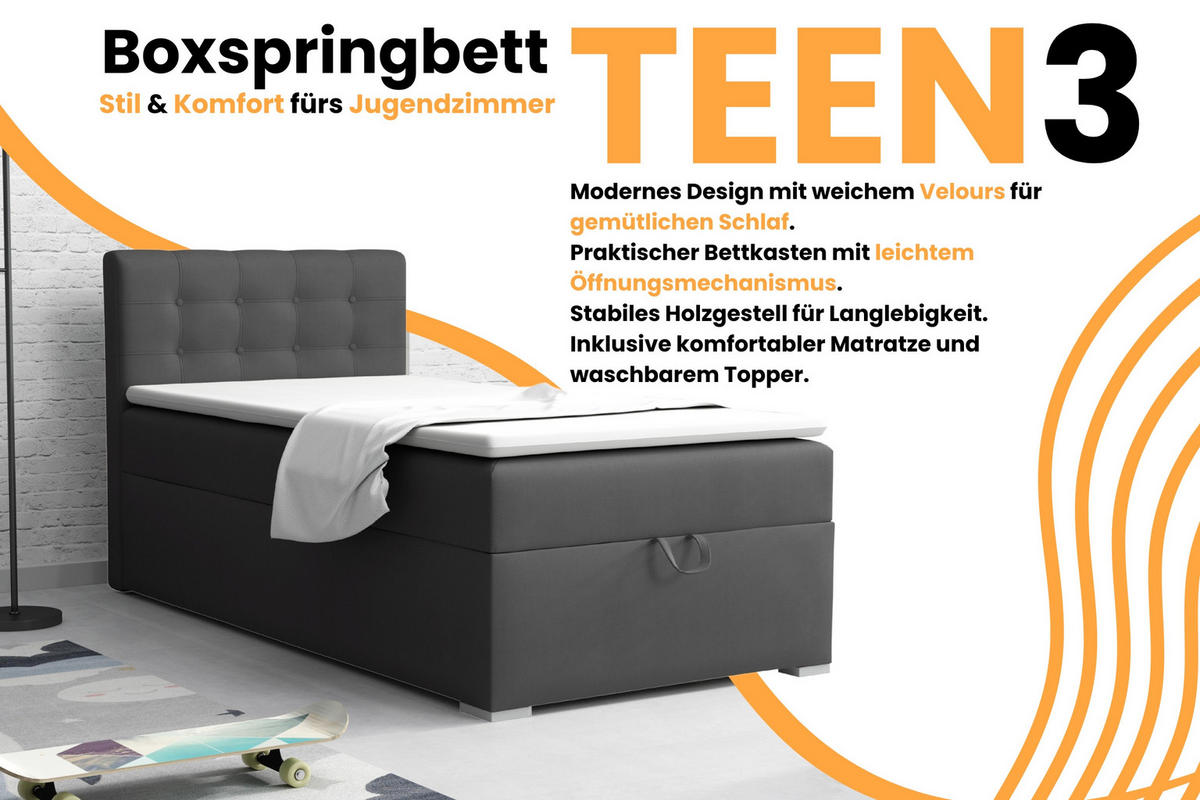 BOXBETT TEEN 3 90/200 Velours Anthrazit H4 - Anthrazit, Holz/Holzwerkstoff (90/200cm) - Deine Möbel 24