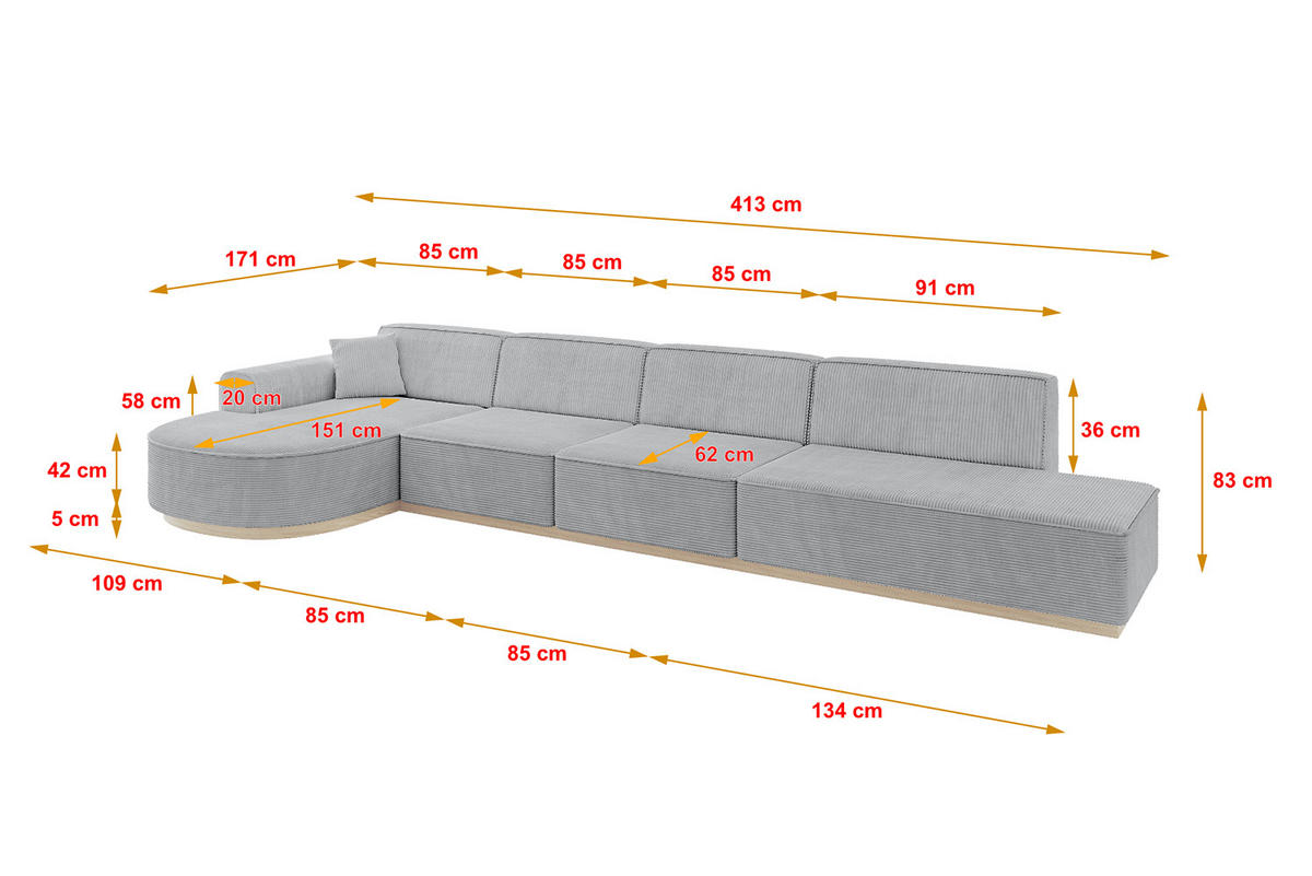 ECKSOFA Ottomane Links ARRIO-L3 - 413x171x83 cm Grau - Grau, Holzwerkstoff/Textil (413/171cm) - ALTDECOR