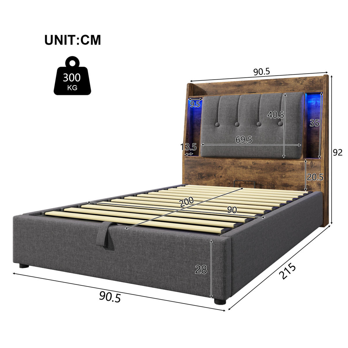 POLSTERBETT mit Stauraum, USB und LED 90x200 cm Leinen Grau - Grau, Metall (90/200cm) - Meubliv