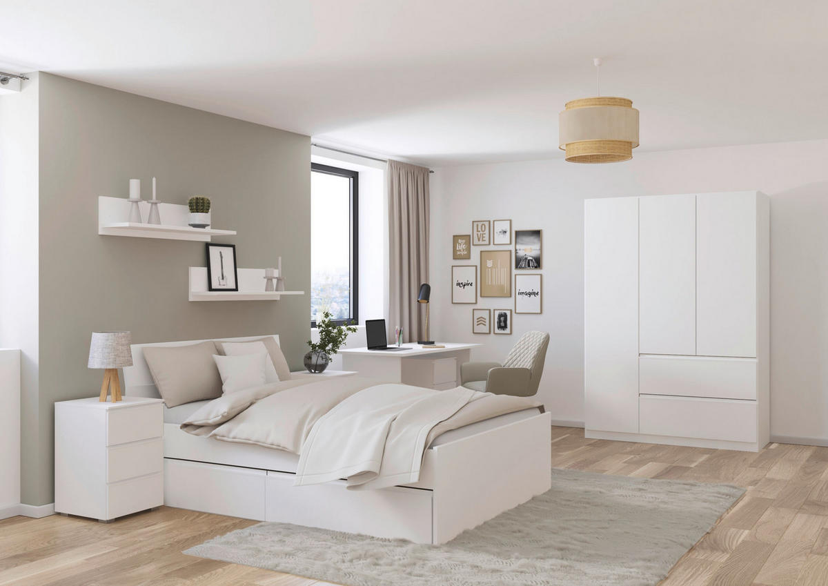 JUGENDZIMMER Joel in Weiß 5 teilig – mit 3türigem Kleiderschrank ohne Spiegel, 140er Jugendbett, Nachttisch, Schreibtisch und Rollcontainer - Weiß, Holzwerkstoff (80/200/120cm)