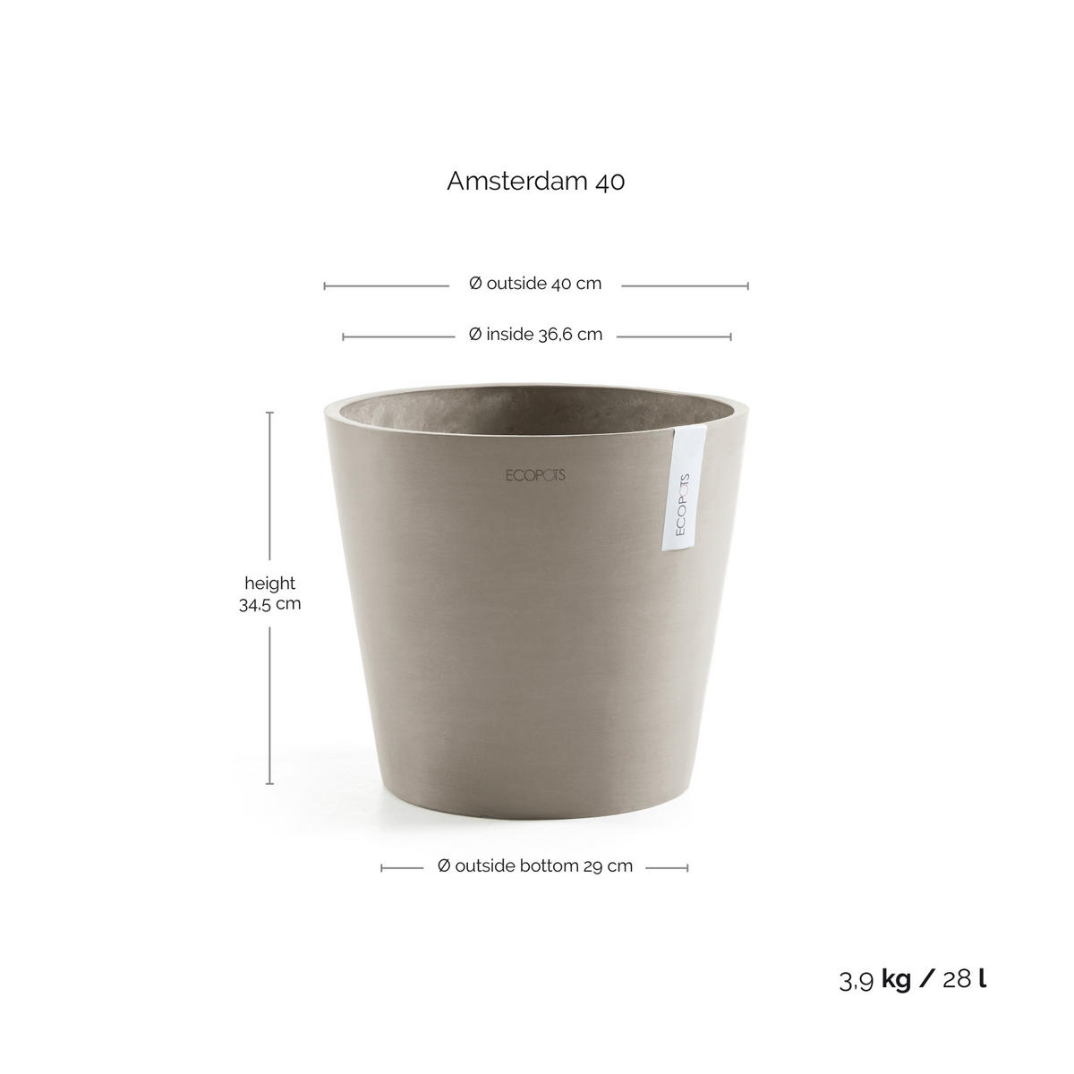 BLUMENTOPF Amsterdam 40/34,5 cm Taupe - Taupe, Kunststoff (40/34.5cm) - Ecopots