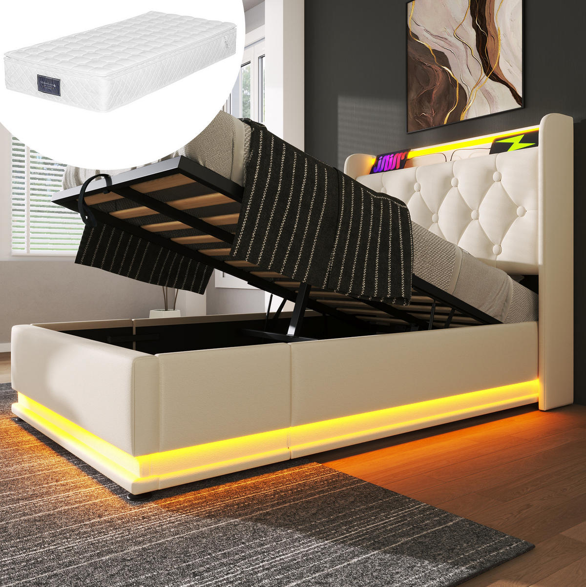 POLSTERBETT aus PU 90x200 cm in Weiß mit LED-Beleuchtung & Matratze - Weiß, Leder (90/200cm) - Modfu