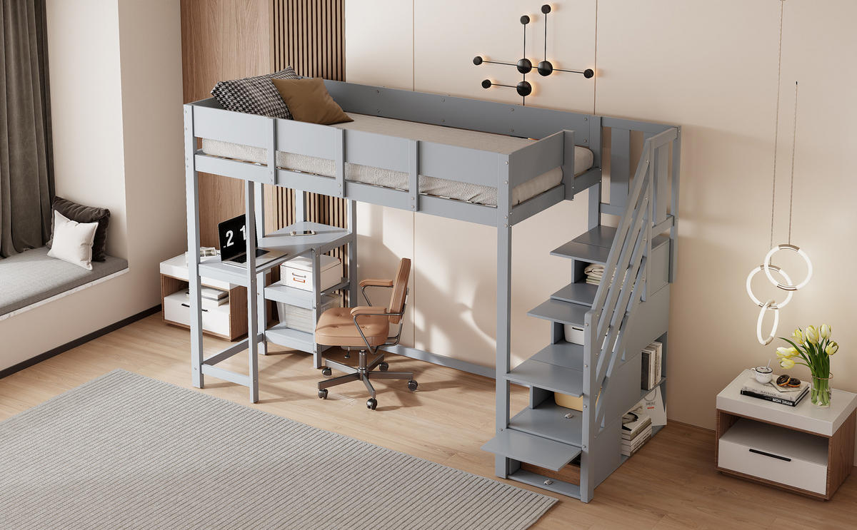 ETAGENBETT 90x200 Massivholz Kiefer Stauraum Ablage Grau - Grau, Holzwerkstoff - FLIEKS