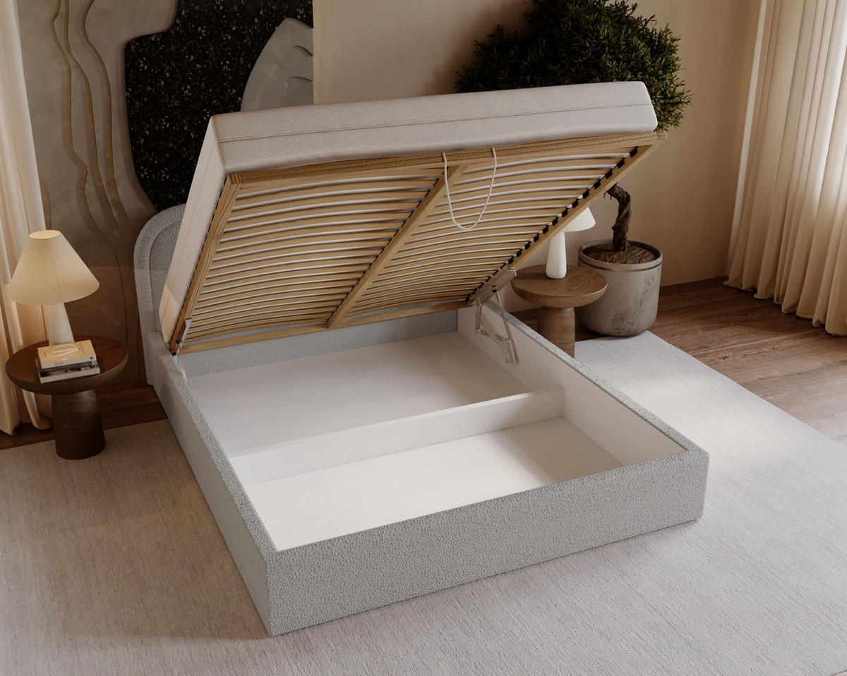 DOPPELBETT 180x200 Dune mit Bettkasten, runde Kopfteil, Bouclé, Hellgrau - Hellgrau, Holz/Textil (180/200cm) - Emporius