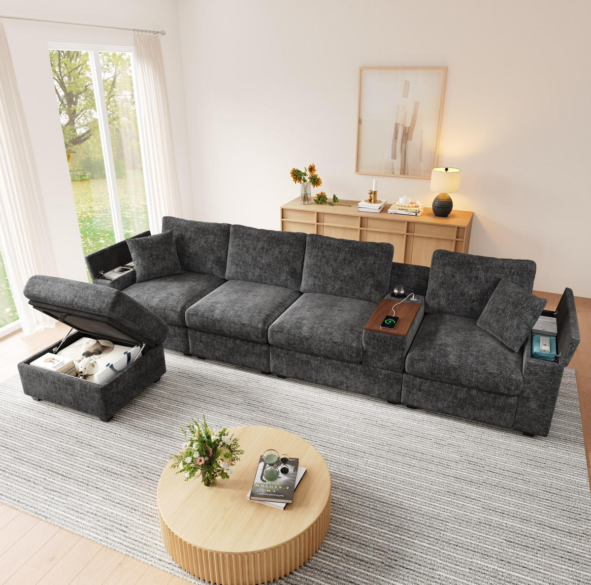 ECKSOFA 313/147/82 cm aus Chenille mit Stauraum, USB/Typ-C und drehbarem Couchtisch Grau - Grau, Textil (147/313cm) - Modenvie