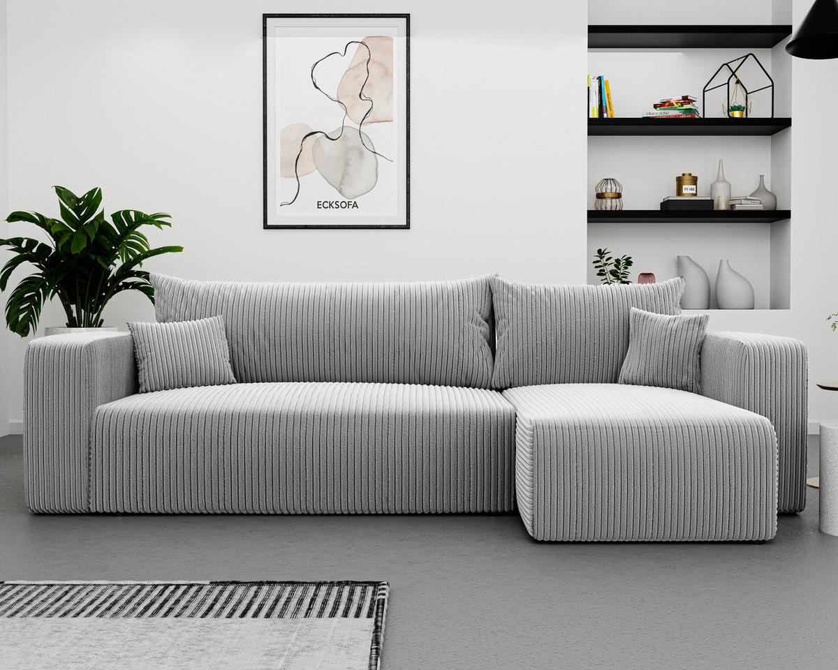 ECKSOFA Grau Cord-Stoff mit Bettkasten - Hellgrau, Textil (248/145cm) - Idohome