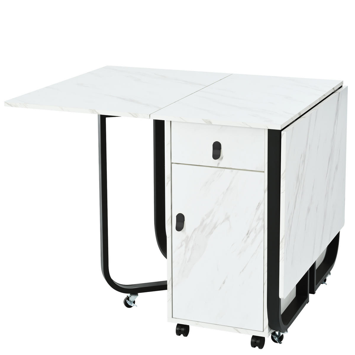 KLAPPBARER Esstisch 60 kg mit 2 Schubladen und Riemenscheibe Weiß MDF - Schwarz/Weiß, Holzwerkstoff (150/80/76cm) - OKWISH