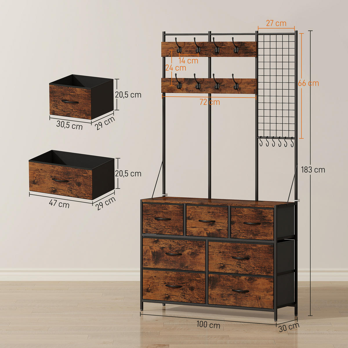 GARDEROBENSTÄNDER Spanplatte, Stahl Rustikal-Braun - Schwarz/Braun, Holzwerkstoff/Textil (30/183/100cm) - HOMCOM