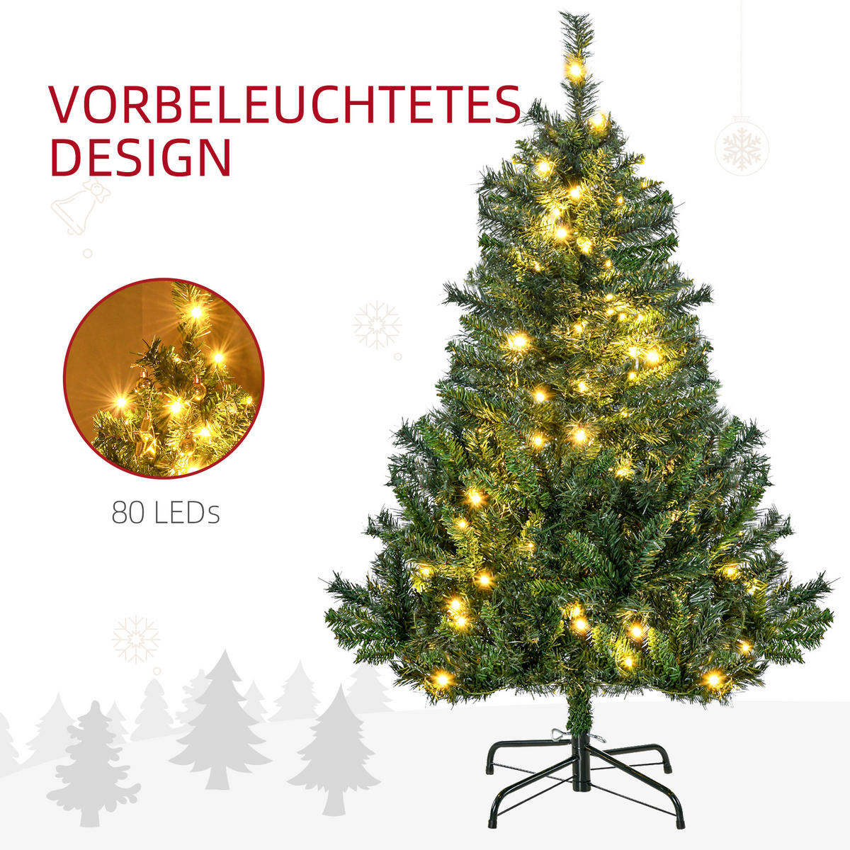 WEIHNACHTSBAUM Tannenbaum mit Deko 80/120 LEDs 307 Spitzen Ø75 x 120H cm - Grün, Kunststoff/Metall (120cm) - HOMCOM