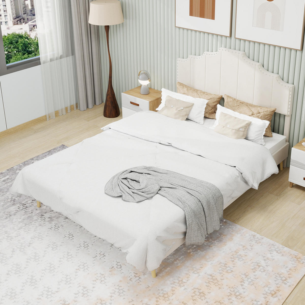 POLSTERBETT 160/200 cm in Beige Stoff mit Kopfteil - Beige, Holzwerkstoff/Textil (160/200cm) - WISHDOR