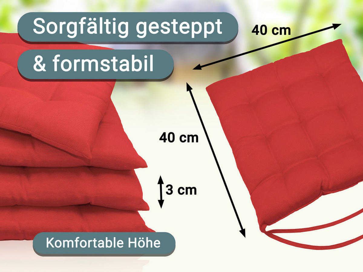STUHLKISSEN, 4er-Set, 40x40 cm, 100% Polyester, Rot - Rot, Textil (40/40/3cm) - Zollner