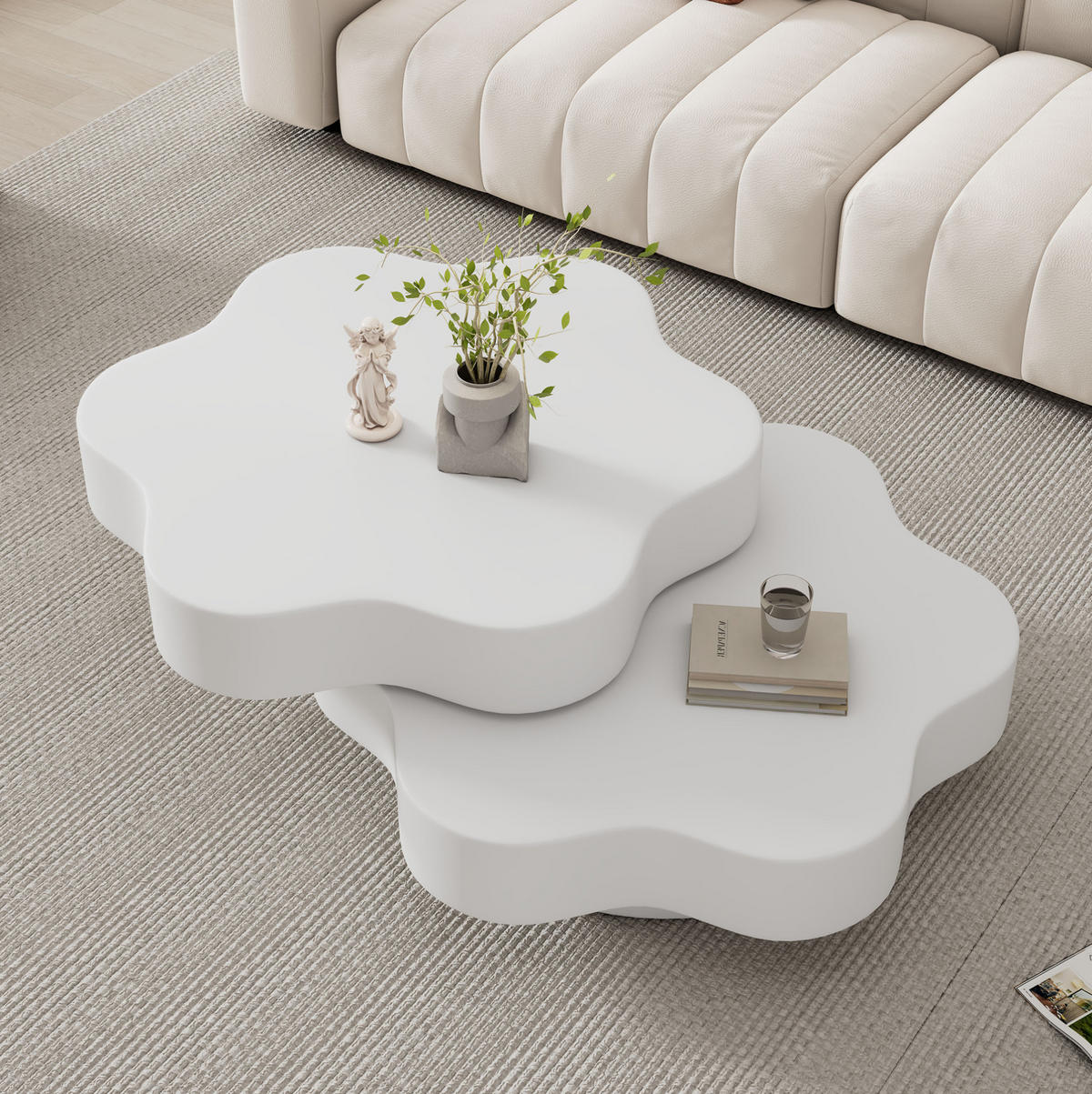 COUCHTISCH 74,8/67,5/31 cm mit 360° drehbarer Platte, Doppelkörper-Design und 2 Ablagen aus MDF, Cremeweiß - Weiß, Holzwerkstoff (74.8/67.5/31cm) - Redom