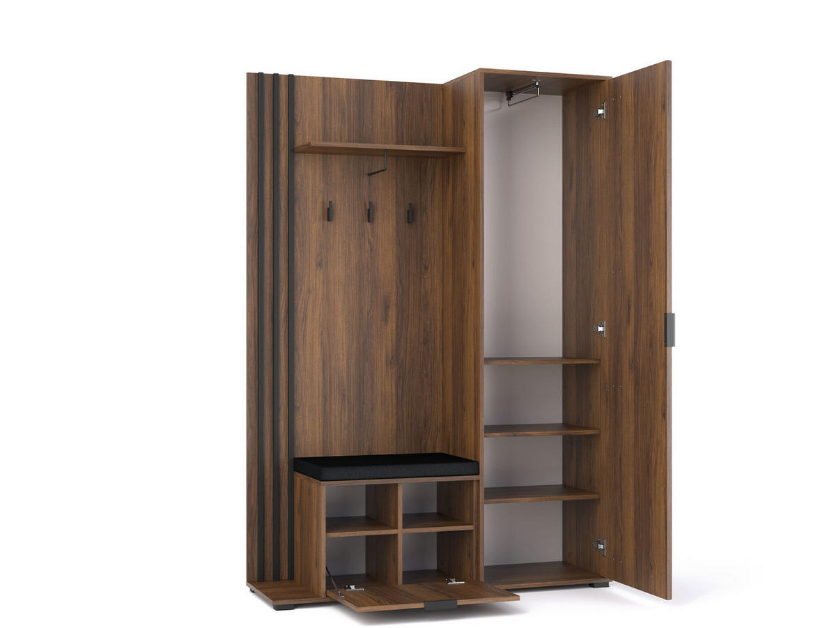 GARDEROBE STILO 131 cm (Nussbaum, Schwarze Lamellen, Spiegel, Sitzkissen, Metallgriffe) - Walnussfarben/Schwarz, Holz/Holzwerkstoff (131/192/40cm) - Ravio
