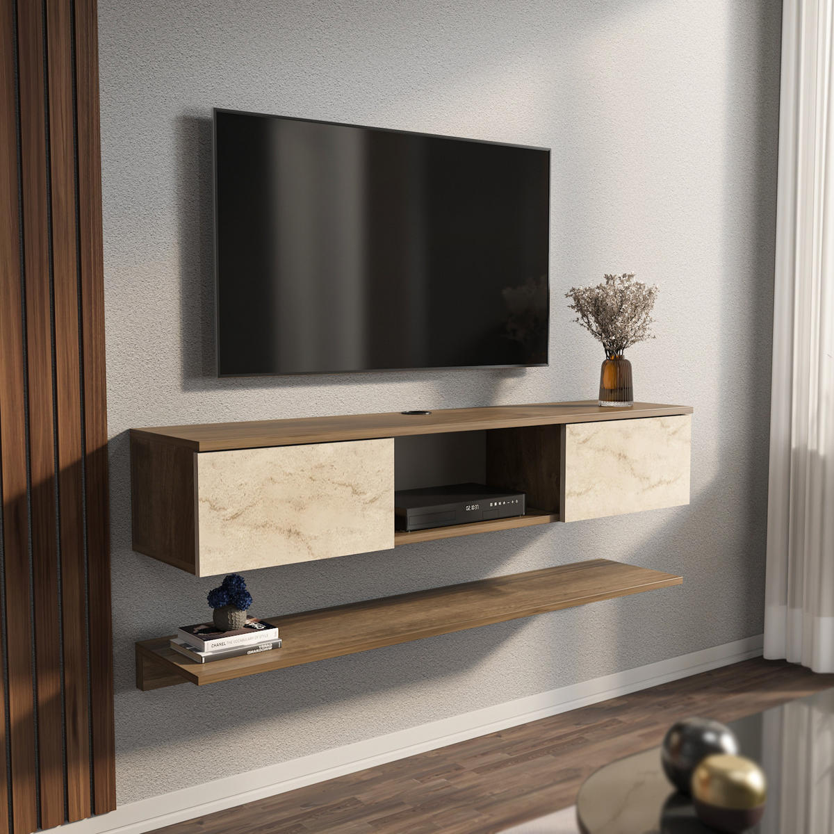 TV-ELEMENT Elia Walnußbraun Travertein - Walnussfarben, Holzwerkstoff (140/25.6/32cm) - Decorotika