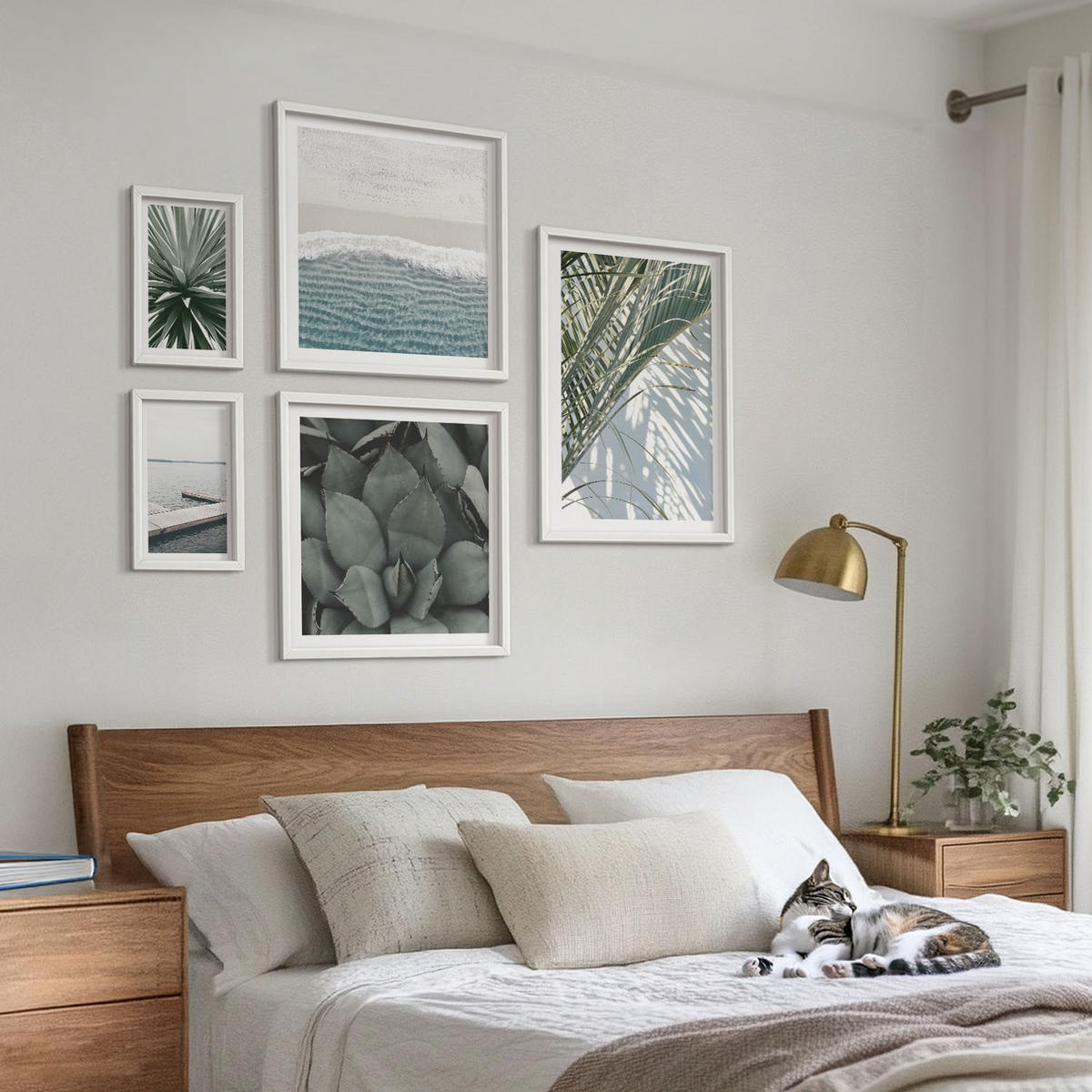 WANDBILDER 5er-Set - 50x50 cm & 20x30 cm & 40x60 cm Weißer Rahmen - Hängebrücke aus Palmenblättern - Weiß, Kunststoff (40/60cm) - ArtPrintCave