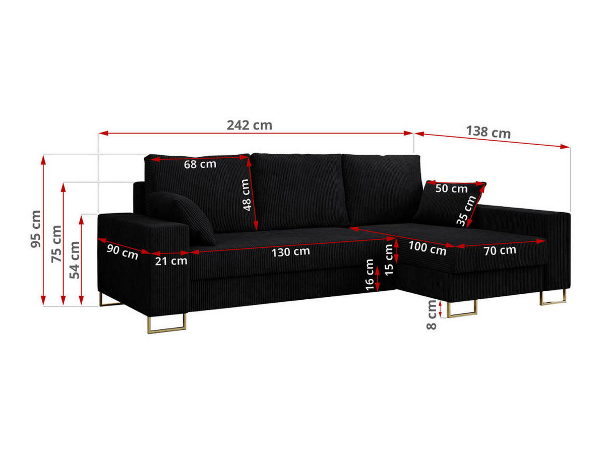 ECKSOFA Dorian Cord Schwarz - Goldfarben/Schwarz, Textil/Metall (242/138cm) - MKS