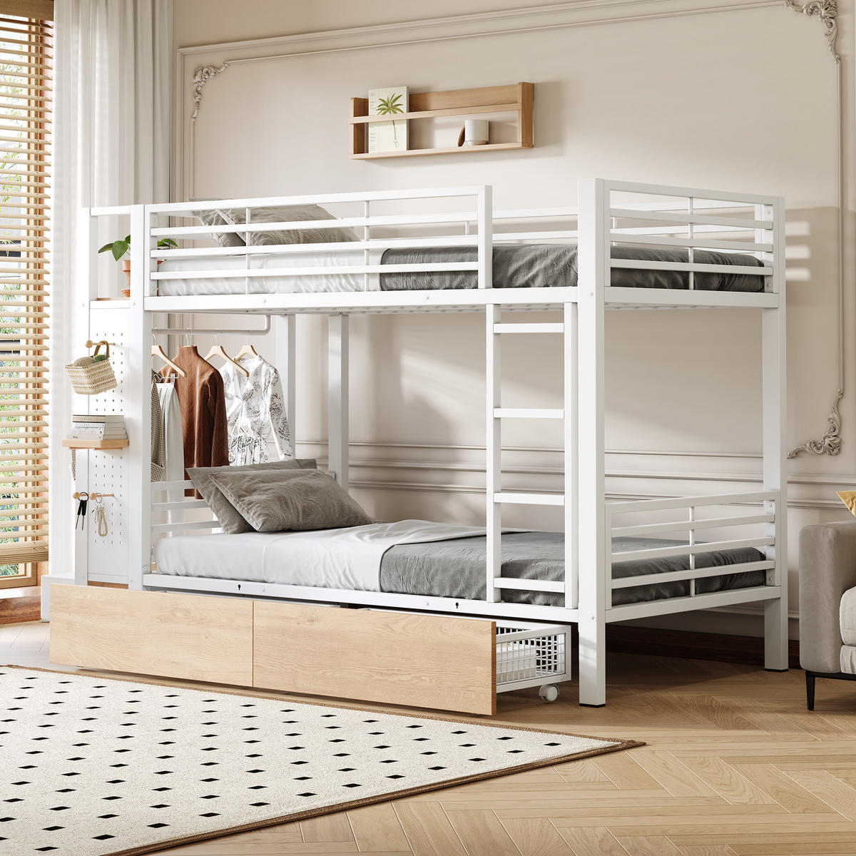 ETAGENBETT 90x200 Weiß Metall mit 4 Schubladen, LED & Kleiderstange - Weiß, Metall - Urban Meuble