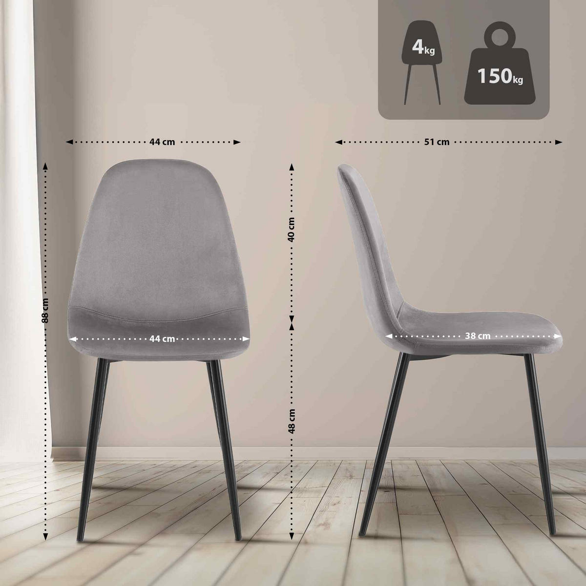 STUHL Samt Grau - Schwarz/Grau, Textil/Metall (44/88/51cm) - CLP