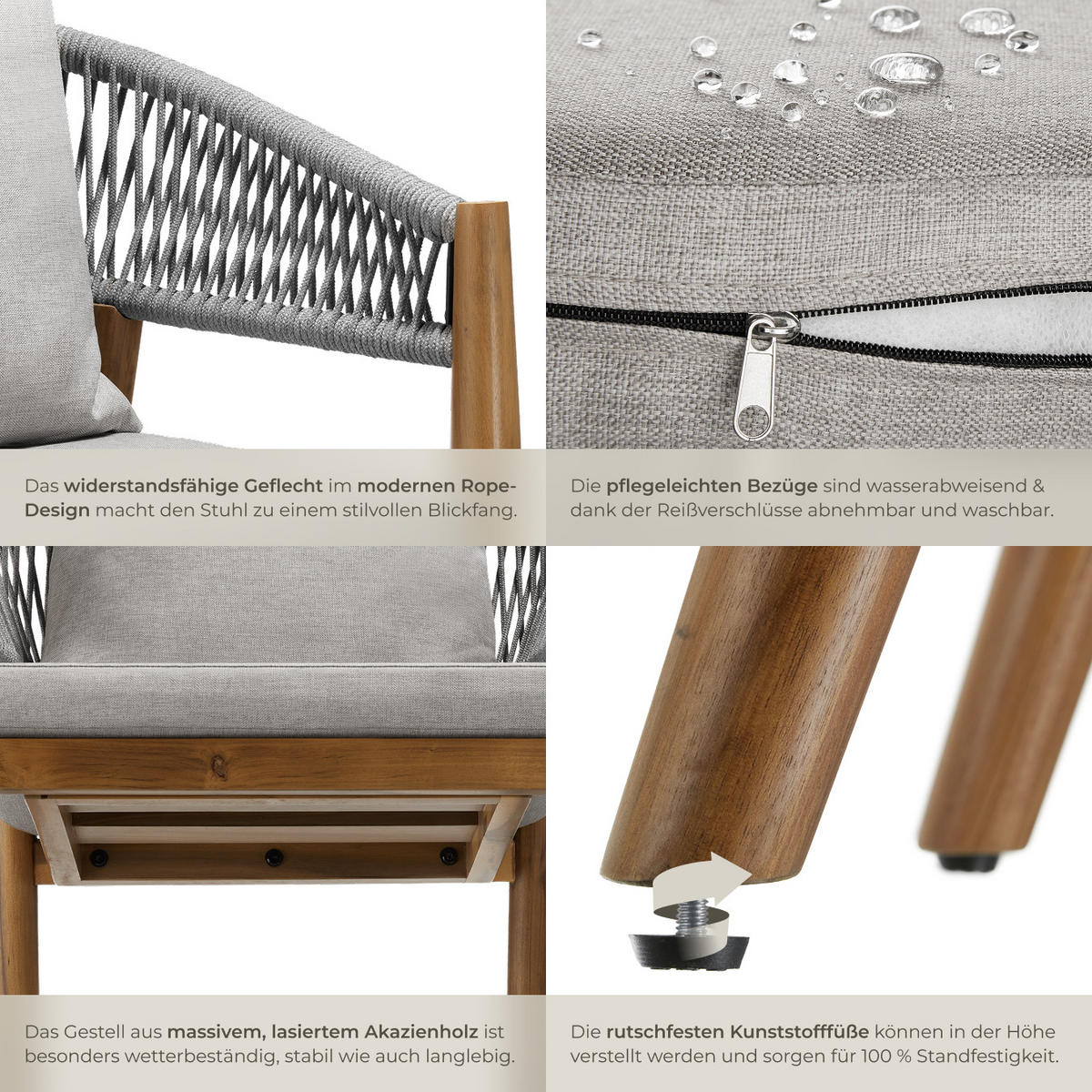 GARTENSTUHL Manacor,höhenverstellbare Kunststofffüße,greige - Greige/Braun, Holz (59/76.5/58cm) - tectake