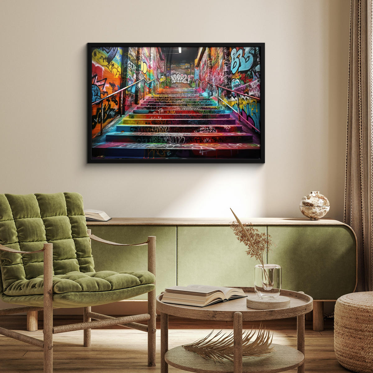 POSTER MIT RAHMEN Treppe - Graffiti - Farben - Kunst 90x60 cm - Multicolor, Papier (90/60cm) - MuchoWow