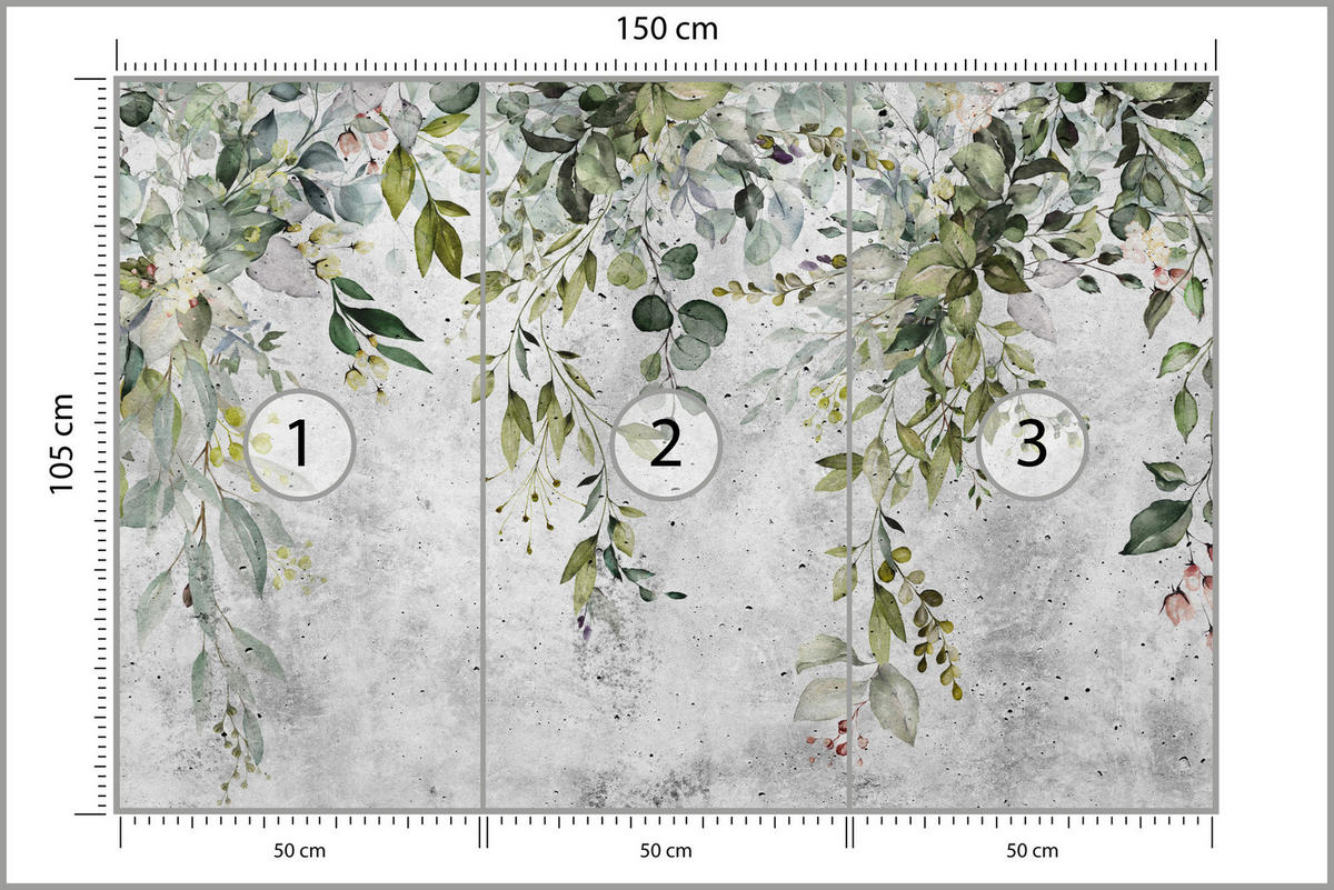 FOTOTAPETE Blätter auf Beton Abstraktion Vintage 150x105 - Grau/Grün, Papier (150/105cm) - Muralo