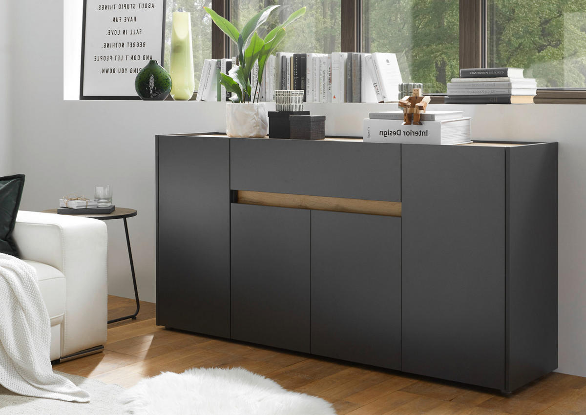 SIDEBOARD grau matt, Eiche Wotan 170 cm, Kommode 4-türig - Eiche Wotan/Schwarz, Holzwerkstoff/Kunststoff (170/87/40cm) - Furn.Design
