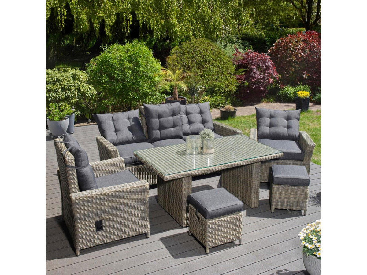 GARTEN-SITZGRUPPE Asti Braun Polyrattan für 7 Personen - Grau, Naturmaterialien - Green Spirit
