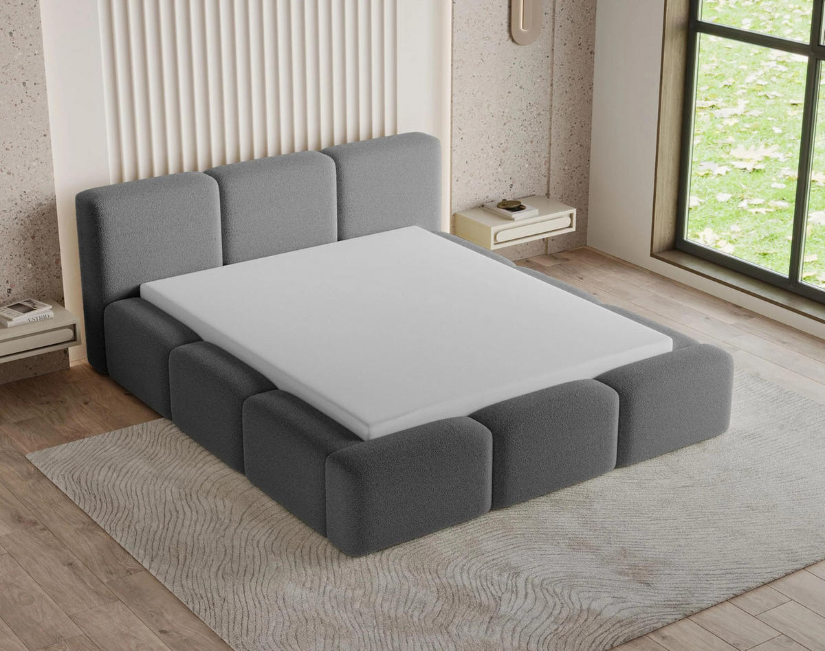 POLSTERBETT Como 140x200 cm mit Bettkasten, Lattenrost und Kopfteil - Bouclé Dunkelgrau - Dunkelgrau, Holz (140/200cm) - Chilly