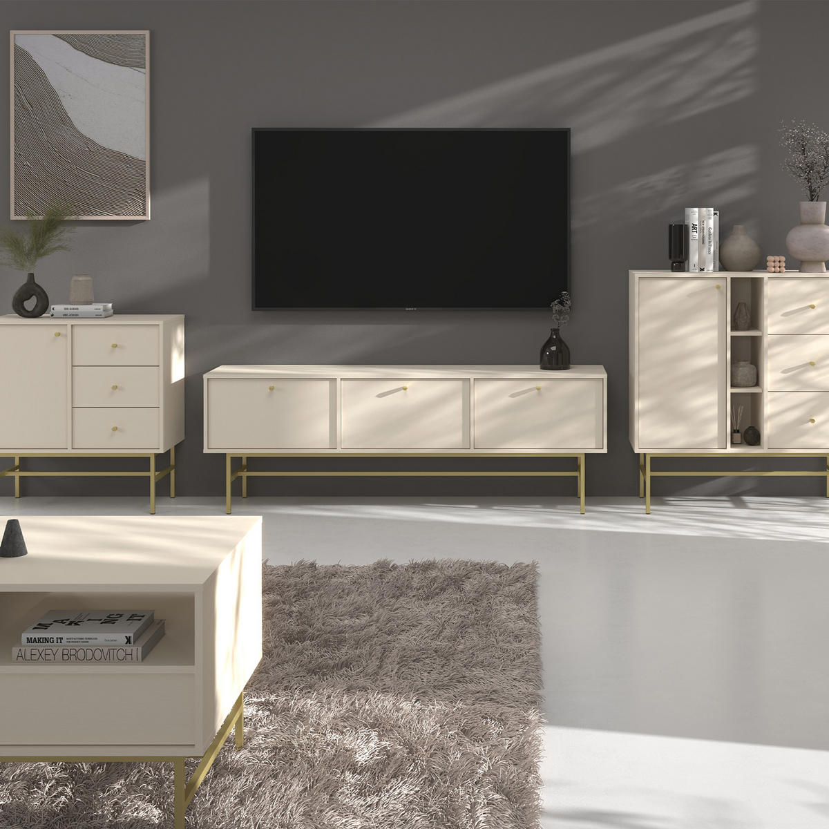 TV-LOWBOARD FLOREN, Creme/Gold - Creme, Holzwerkstoff/Metall (120.6/62.5/40.8cm) - KONSIMO®