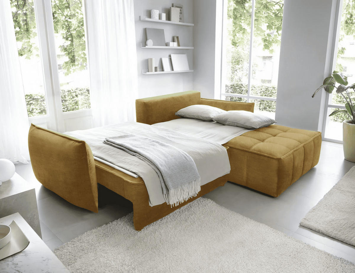 ECKSOFA mit Schlaffunktion und Bettkasten - Gelb, Textil (196/265cm) - Eltap