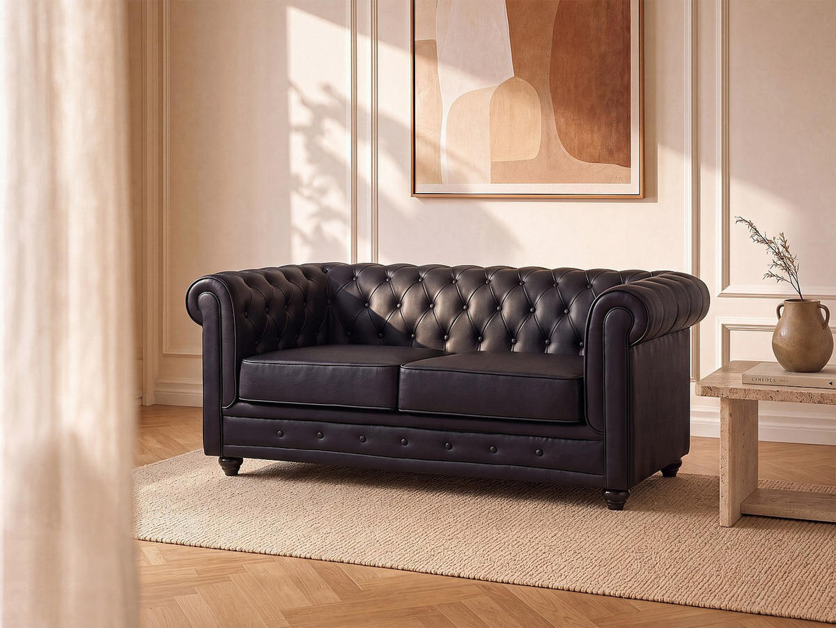 SOFA - 2 Personen - kunstleder - schwarz Chesterfield - Schwarz, Leder (165/72/88cm) - Vente-Unique