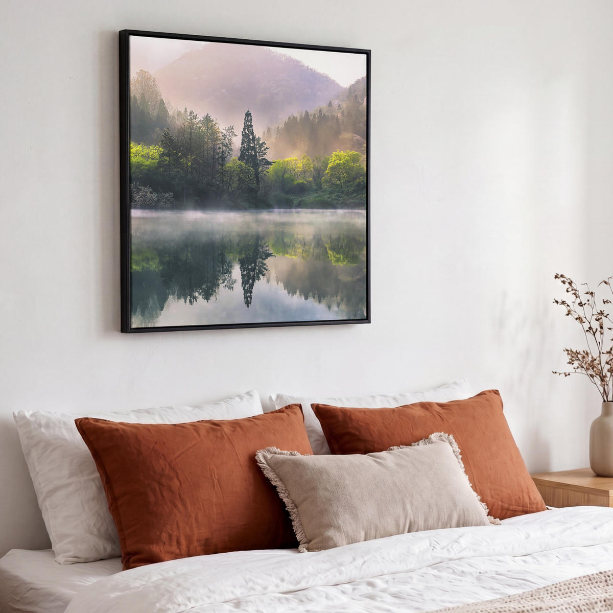LEINWAND Bilder mit Rahmen - Natur - Bäume - Berge - See - Wasser - 50x50 - Hellgrün, Textil (50/50cm) - MuchoWow