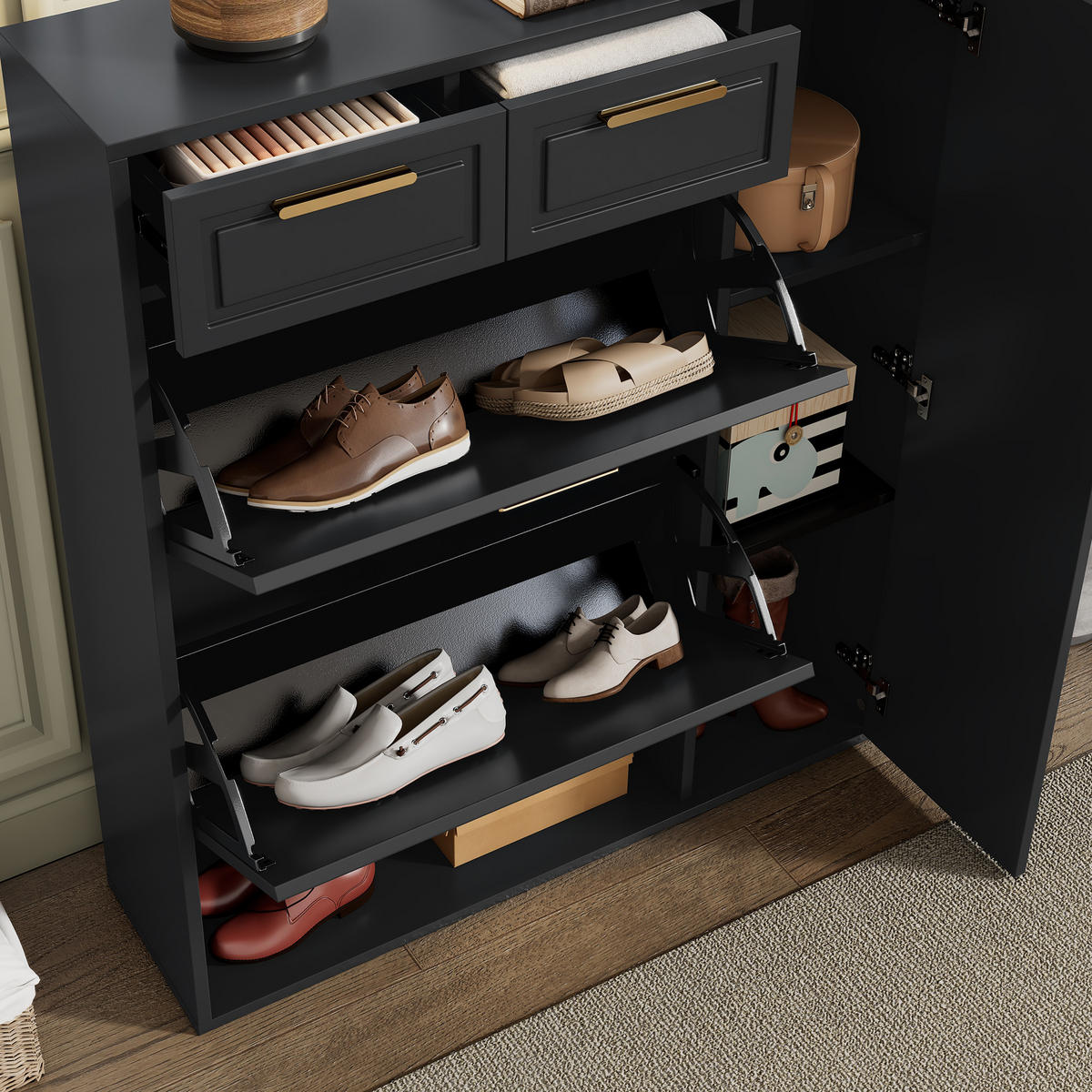 SCHUHSCHRANK in Schwarz Schuhkommode mit verstellbaren Regalen goldenen Griffen Schubladen Klapptüren , B95/T24/H107cm - Schwarz, Holzwerkstoff (95/107/24cm) - STILVORA