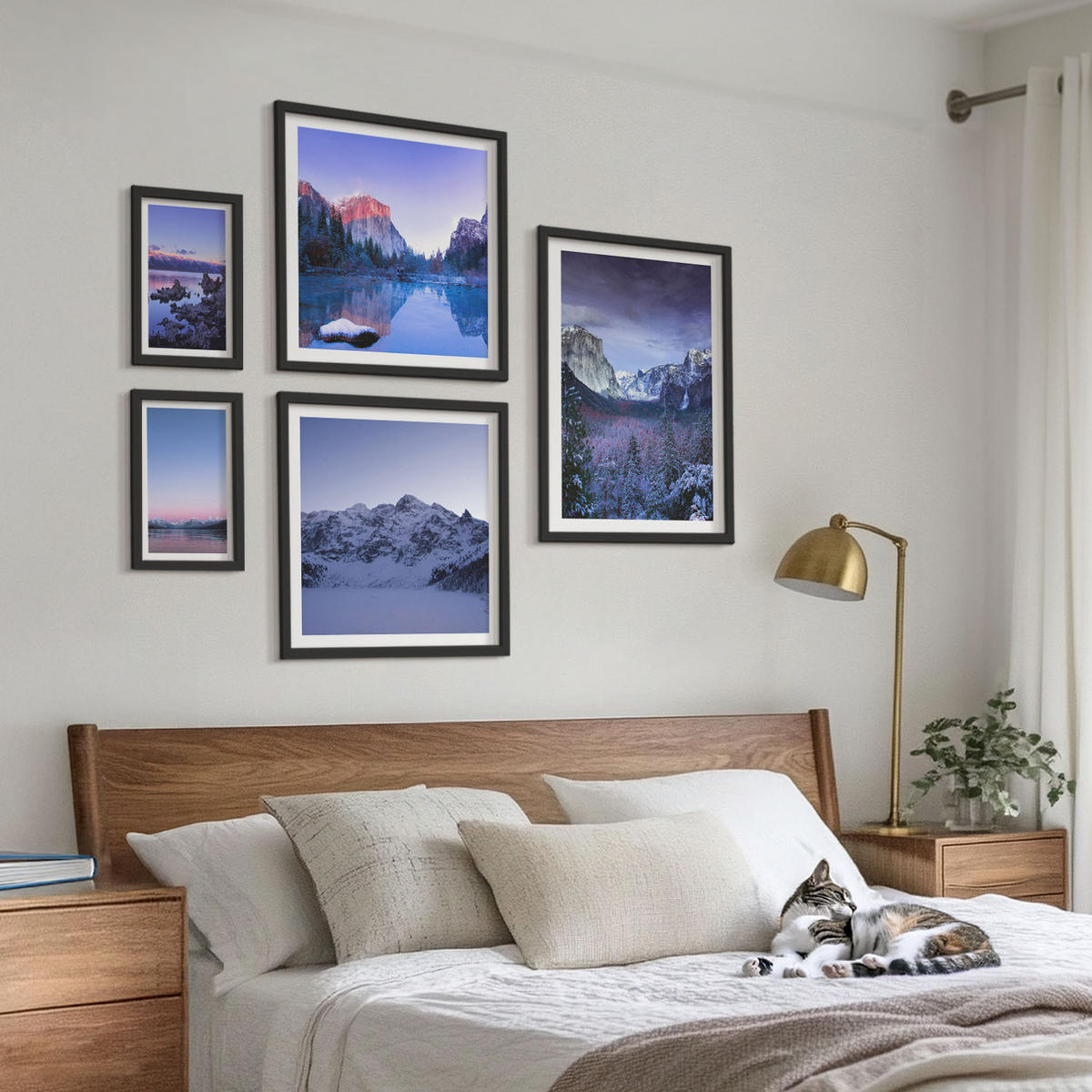 BILDER SET 5er Set - 50x50 cm & 20x30 cm & 40x60 cm Schwarzer Rahmen - Berglandschaften, Sonnenuntergang, Wasser - Schwarz, Kunststoff (40/60cm) - TULUP