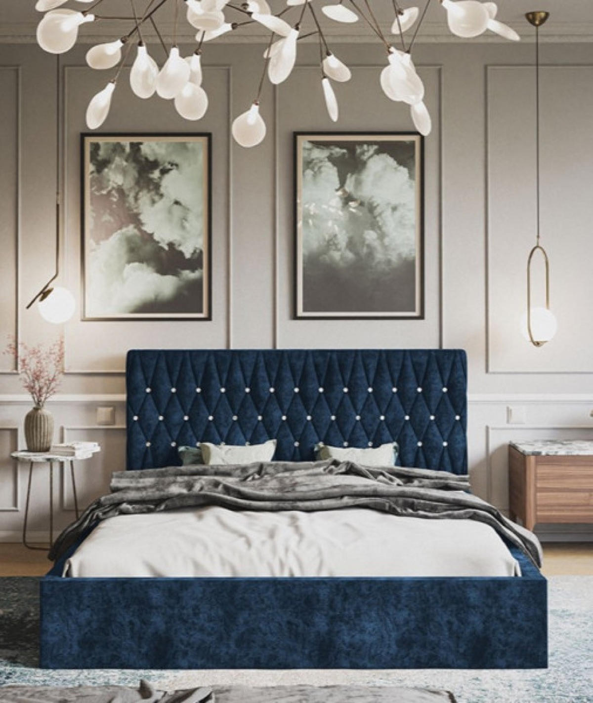 BETT Grau OLDO 3 Mit Bettkasten Knöpfe Kristall Dunkelblau 140x200 cm - Blau/Schwarz, Textil (140/200cm) - Sepro Meble