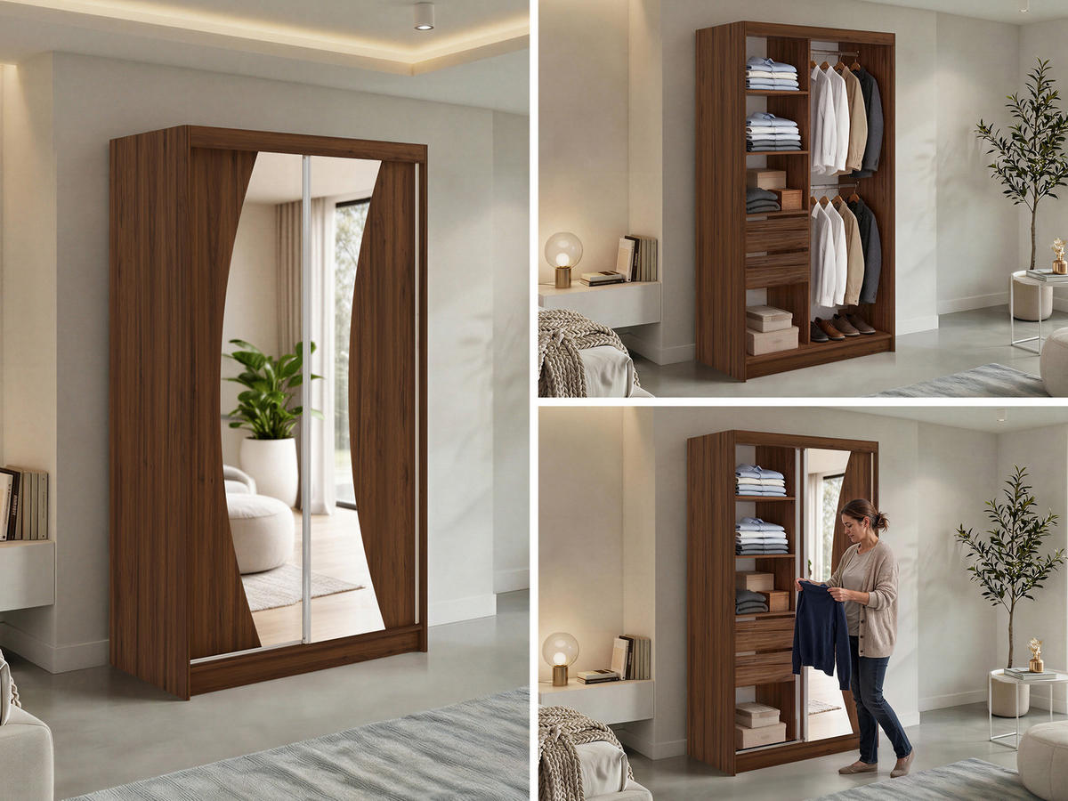SCHWEBETÜRENSCHRANK mit Schubladen 120 - VERONA - Warmia Walnuss mit Spiegel - Walnussfarben/Alufarben, Holzwerkstoff/Metall (120/216/61cm) - MKS