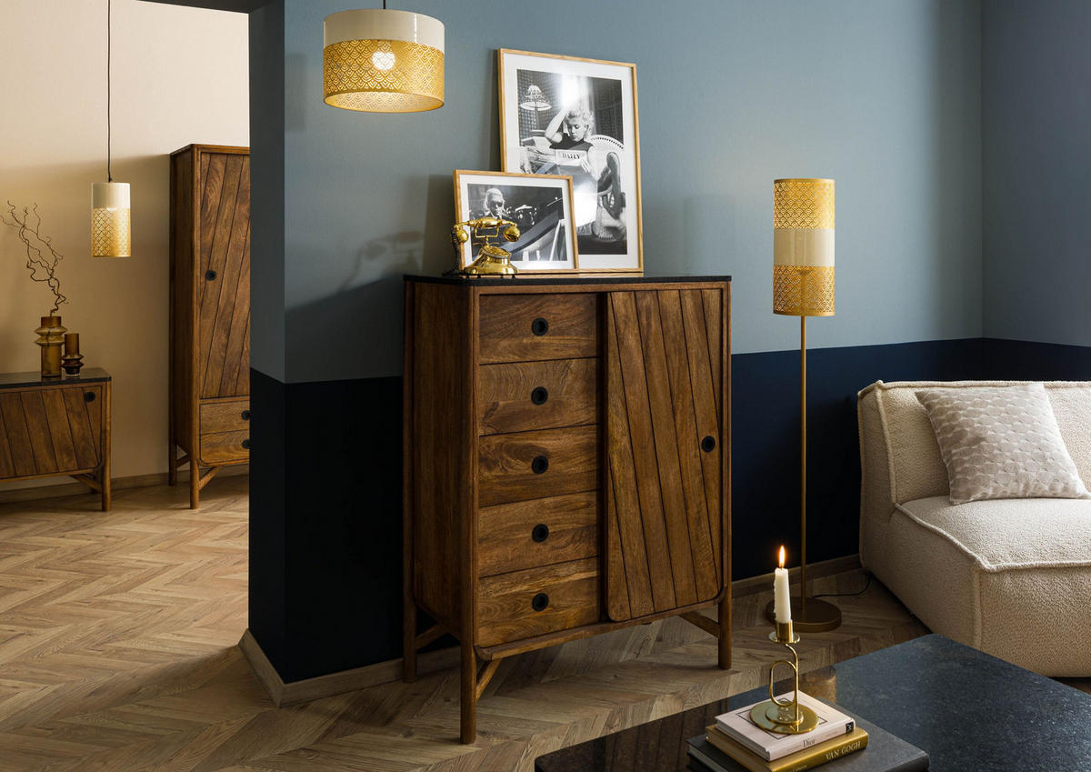 KOMMODE Mango 90x45x120 braun geölt / dunkler Granit LOS ANGELES #110 - Braun, Holz (90/120/45cm) - Massivmoebel24