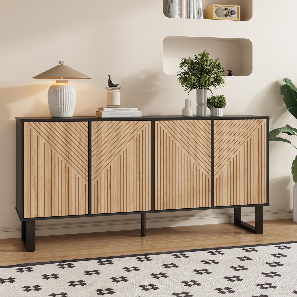 SIDEBOARD schwarz Holzoptik 3D Streifen - Naturfarben, Holz (160/75/38cm) - Fortuna Lai