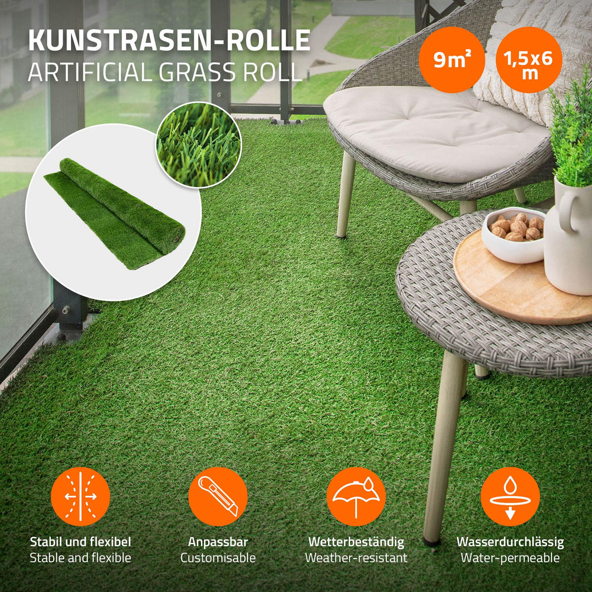 ROLE UMĚLÉHO TRÁVNÍKU 150 x 600 cm 9 m² zelená 35 mm z plastu - zelená barva, plast (150/600cm) - ECD-Germany