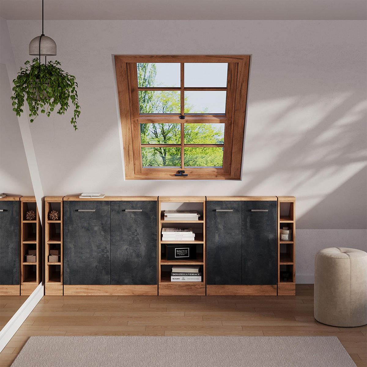 DACHSCHRÄGENSCHRANK-SET Rion Schwarz Beton 5er Set - Schwarz, Holzwerkstoff (210/81.6/46cm) - Vicco