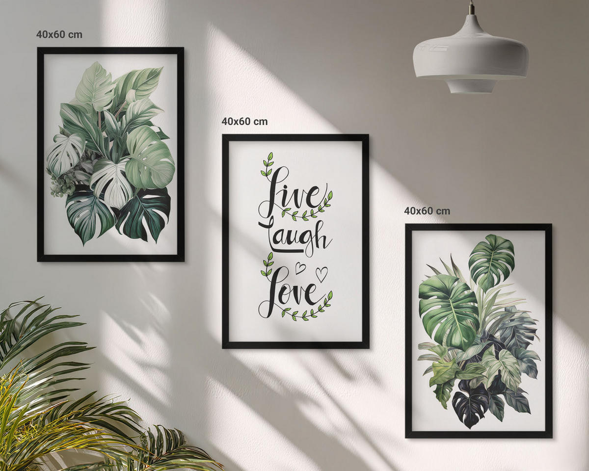 WANDBILDER 3er-Set - 40x60 cm Schwarzer Rahmen - Blattpflanzen leben, lachen, lieben - Schwarz, Kunststoff (40/60cm) - ArtPrintCave