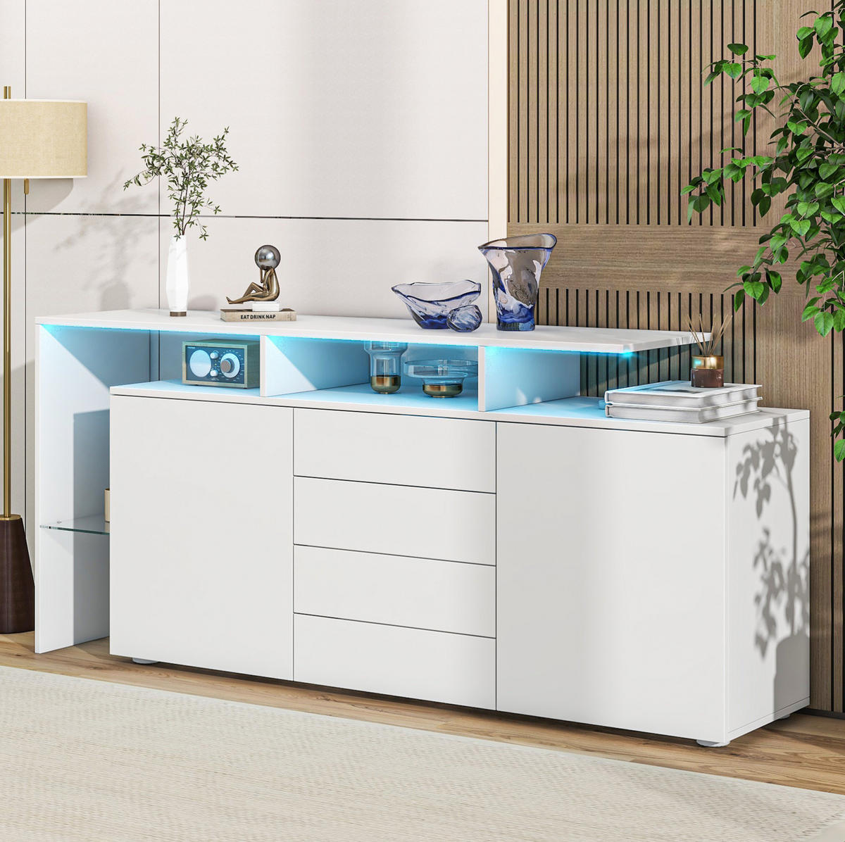 SIDEBOARD 160/35/70 cm Weiß aus Spanplatte mit LED - Weiß, Holzwerkstoff (35/70/160cm) - OKMYHOME