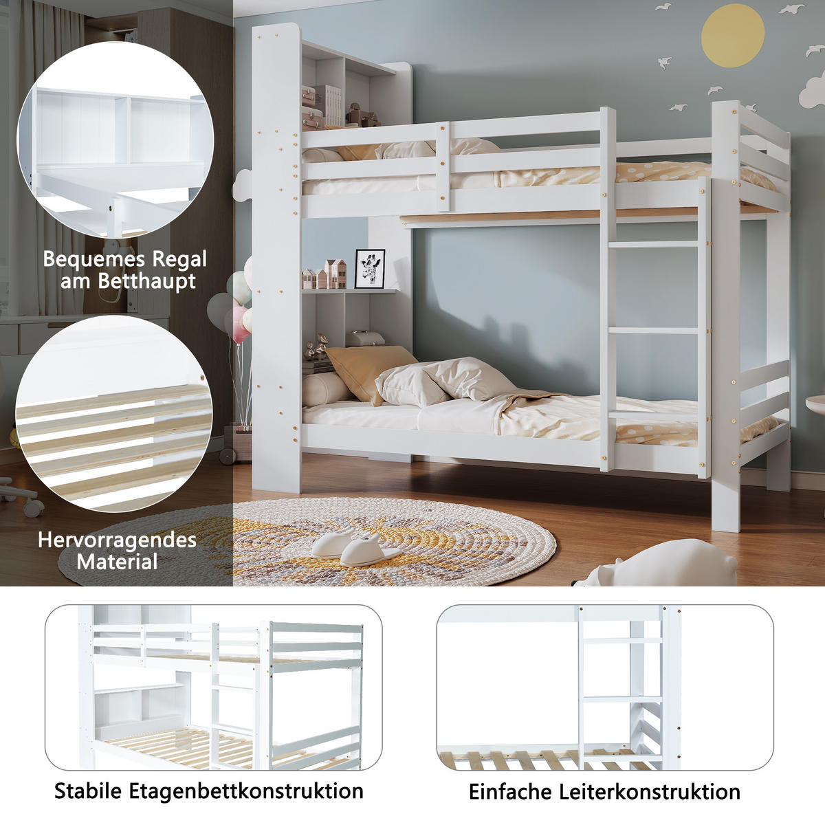 ETAGENBETT 90/200 cm Weiß mit Regalen und dreistufiger - Weiß, Holz (90/200cm) - Oxeza