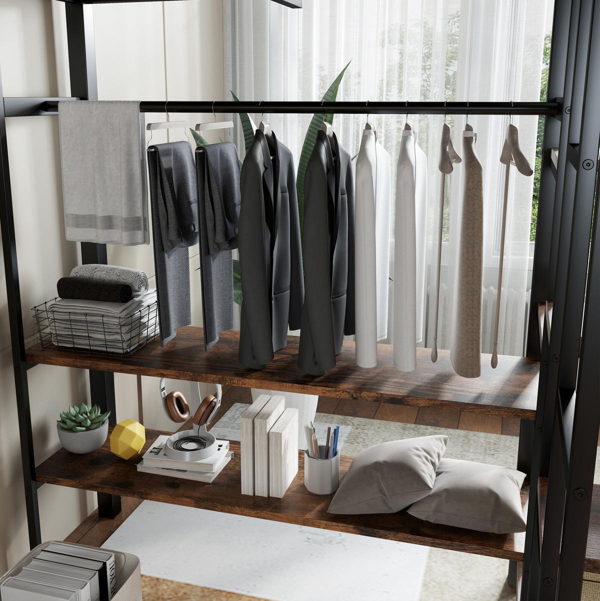 ETAGENBETT aus Metall und MDF 120x200 cm Schwarz mit Schreibtisch, Regal, offenem Kleiderschrank und Eckleiter - Schwarz, Holzwerkstoff (120/200cm) - Modfu