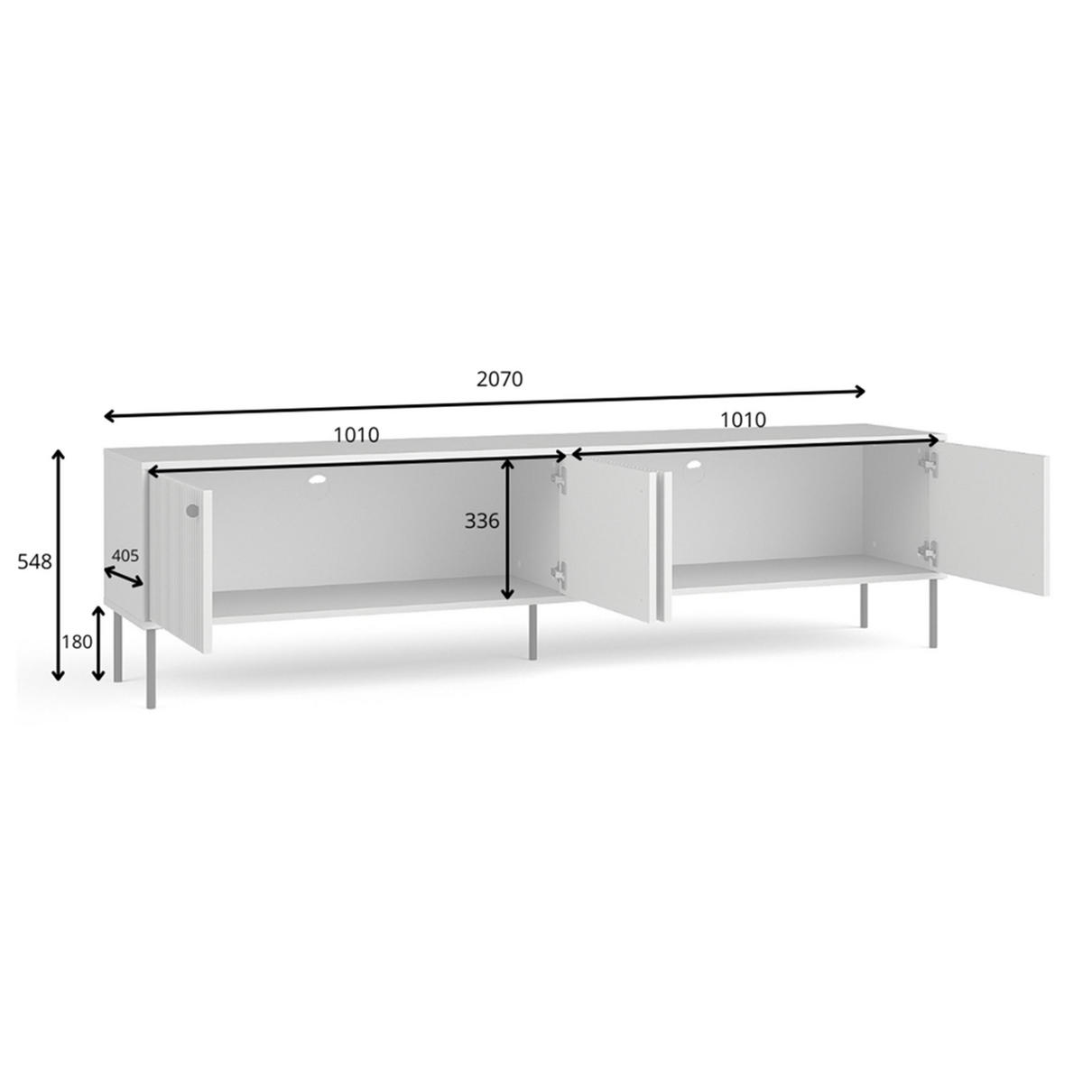 LOWBOARD Irelis 4T Grau 207/54,8/41 cm – mit geriffelten Fronten, mit schwarzen Beinen - Schwarz/Grau, Holzwerkstoff/Metall (207/54.8/41cm) - AX Living